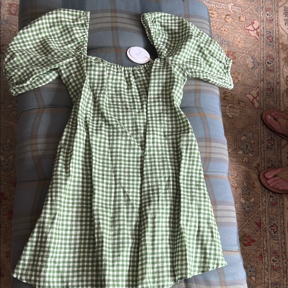 Hazel Green and White Mini Puff Sleeve Dress